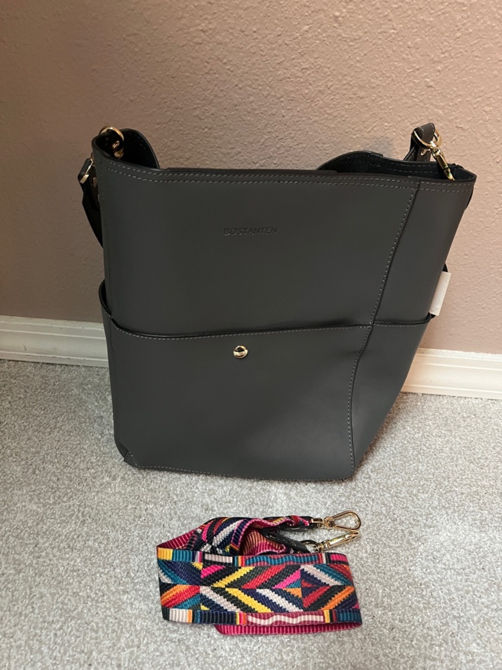 Bostanten Gray leather Hobo Tote Bag with extra Multicolor Strap NWT